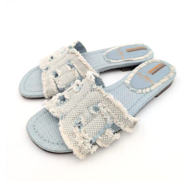 Sam Edelman Bay Fray Double E Logo Slide Sandals Robin Egg Blue Fabric Size US5M - Picture 1 of 11